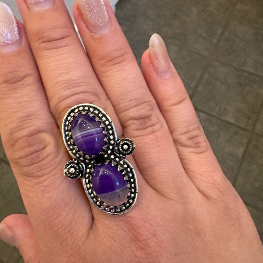 Double Oval Amethyst Crystal Cabochon Statement Ring in Silverplated Adjustable